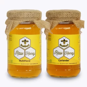 pure and natural raw honey, combo pack of two honey bottles coriander honey and multifloral honey 250 grams