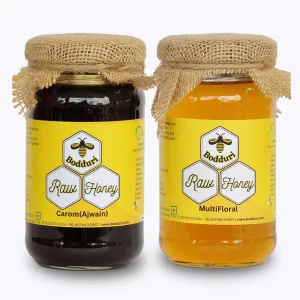 pure and natural raw honey, combo pack of two honey bottles carom honey and multifloral honey 250 grams