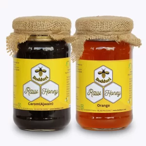 pure and natural raw honey, combo pack of two honey bottles orange honey and carom honey 250 grams
