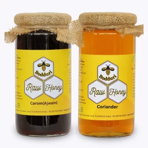 pure and natural raw honey, combo pack of two honey bottles carom honey and coriander honey 500 grams