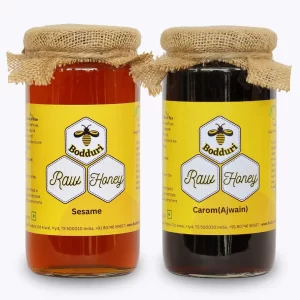 pure and natural raw honey, combo pack of two honey bottles carom honey and sesame honey 500 grams