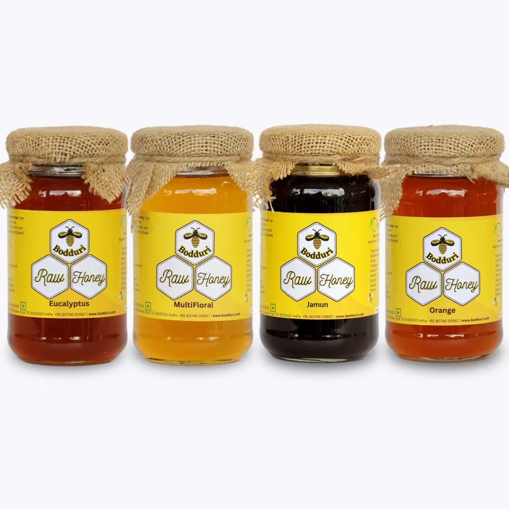 pure and natural raw honey, combo pack of four honey bottles multifloral honey, jamun honey, eucalyptus honey and orange honey 250 grams